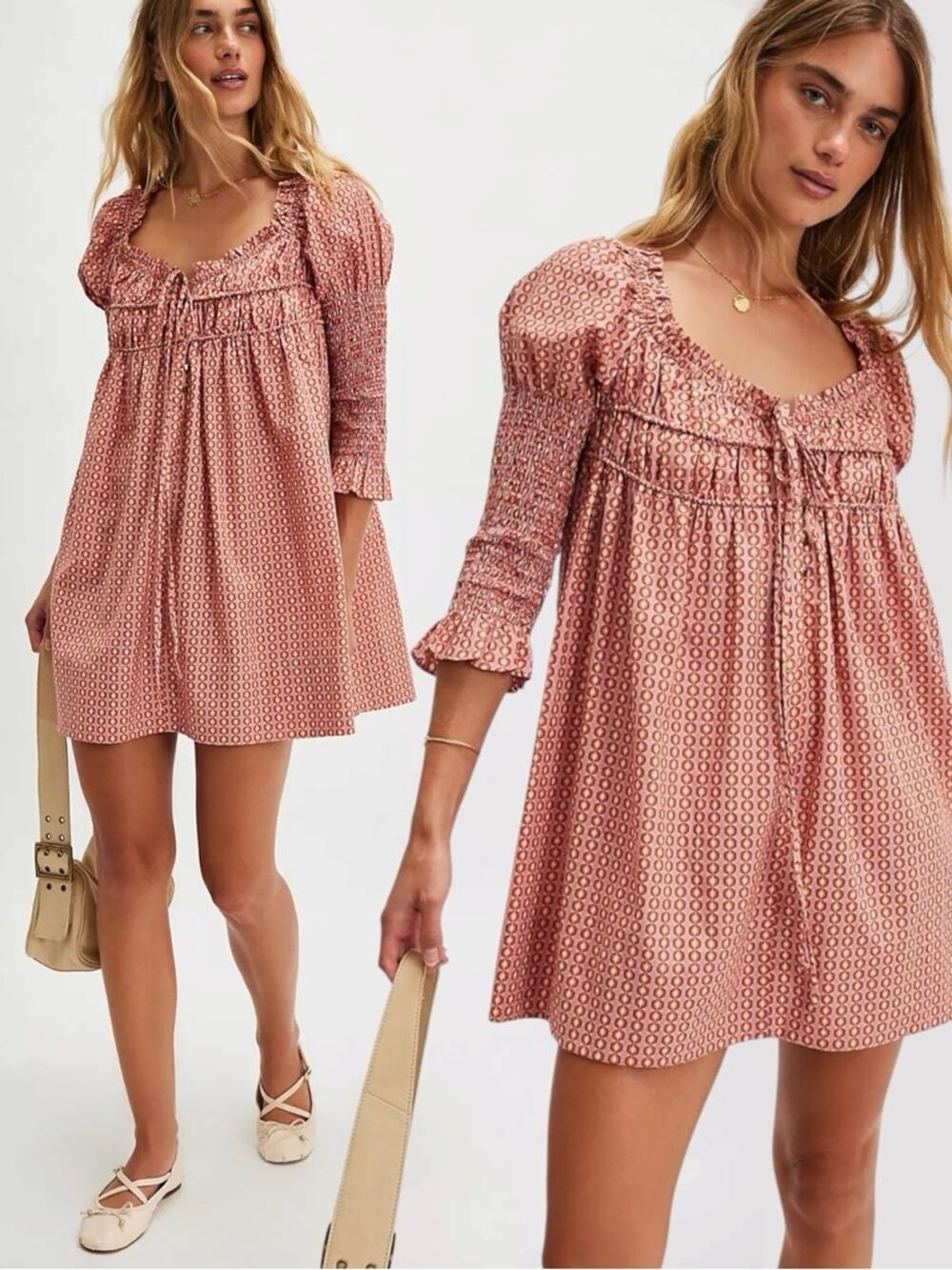 Free People Retro 70s Babydoll Star Dip Mini Dress in Red Combo Size XL